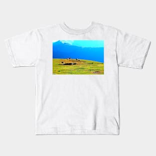 View at a Sibillini mountain ridge, meadows and bovines Kids T-Shirt